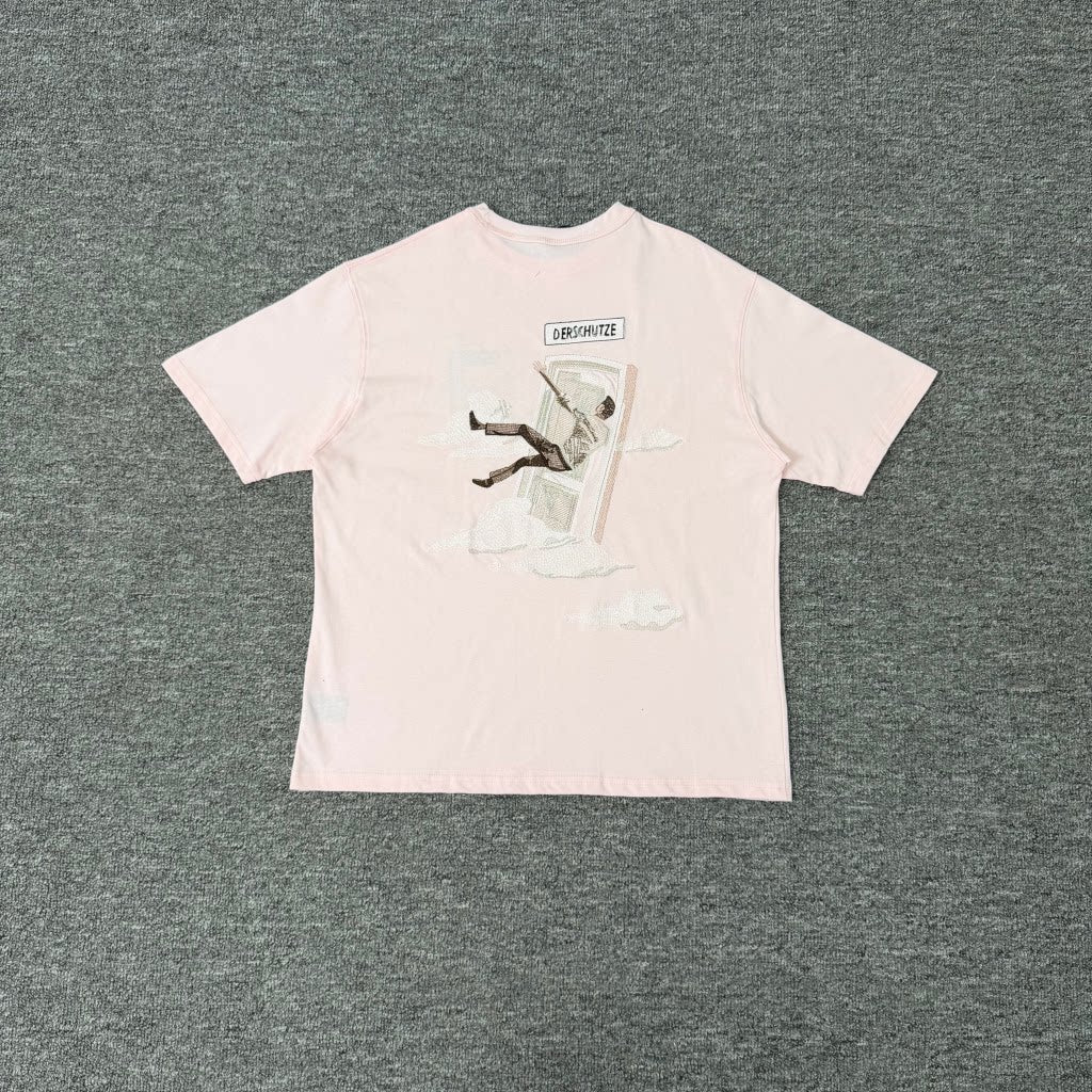 Derschutze Vintage Architectural Embroidery Short-Sleeve Unisex Loose-Fit Pure Cotton Crew Neck Pink T-Shirt Top