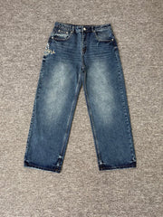 Derschutze American Retro Street Embroidered Jeans, Unisex Loose Straight Leg High Street Trendy Casual Pants