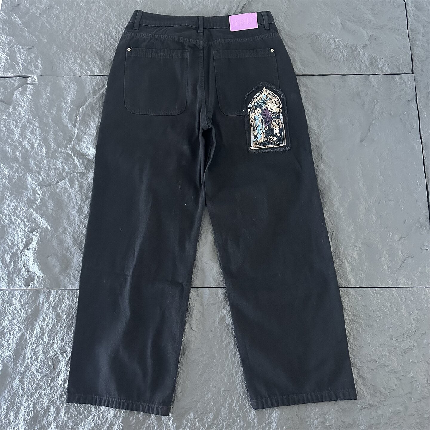 derschutze American street style embroidered jeans, unisex trendy loose straight leg casual versatile trousers