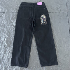 derschutze American street style embroidered jeans, unisex trendy loose straight leg casual versatile trousers