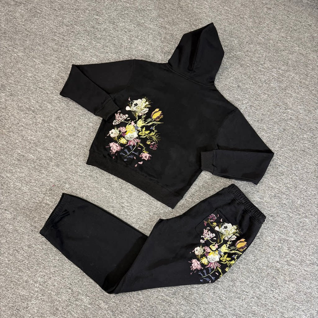 Derschutze Floral Embroidery Hooded Sweatshirt, Loose Fit Sweatpants, Fleece Lined Casual Sports Suit