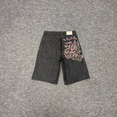 derschutze blossom V2 jorts floral embroidered jeans, unisex loose straight leg five-point pants