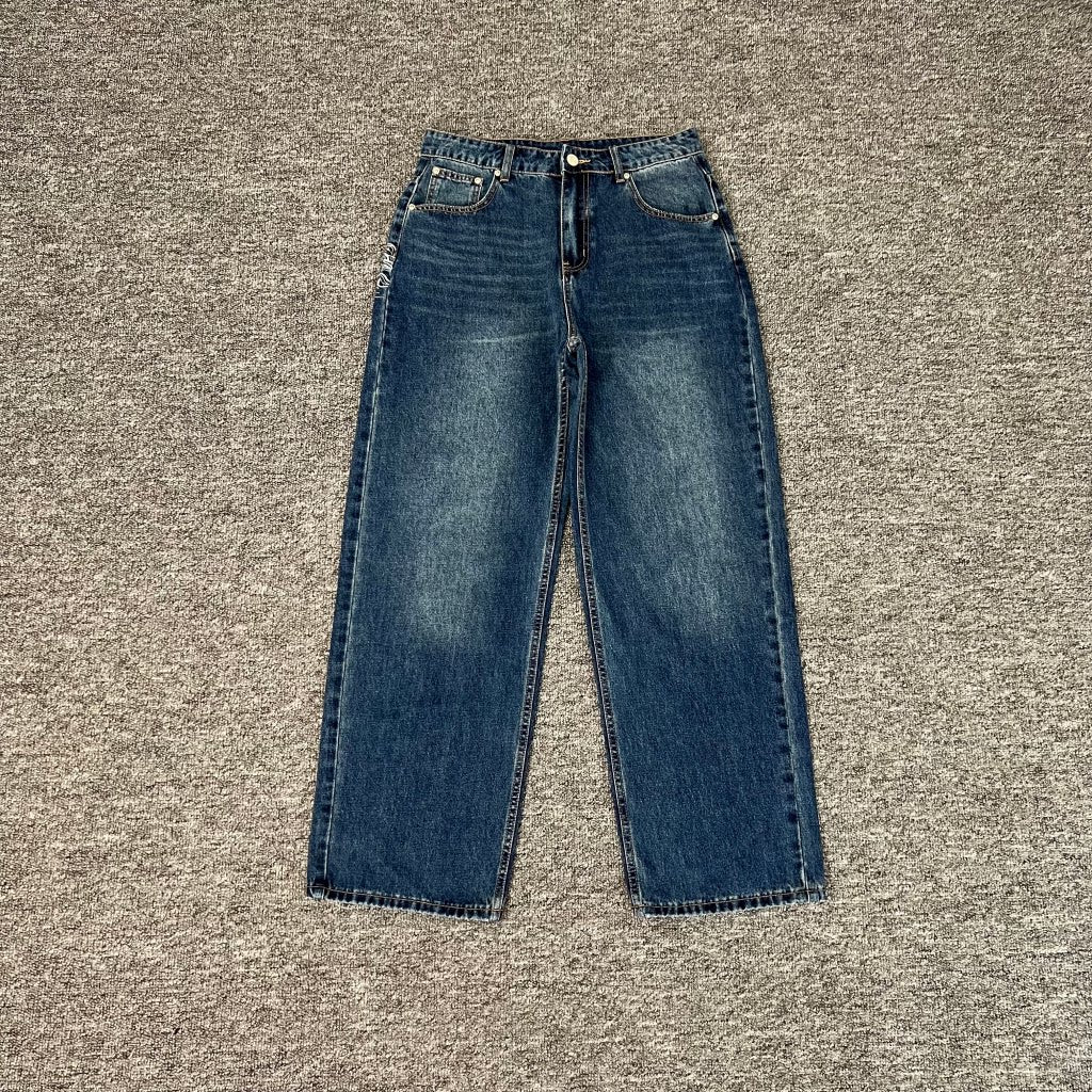derschutze venus denim bule Venus embroidered jeans loose straight leg casual trousers