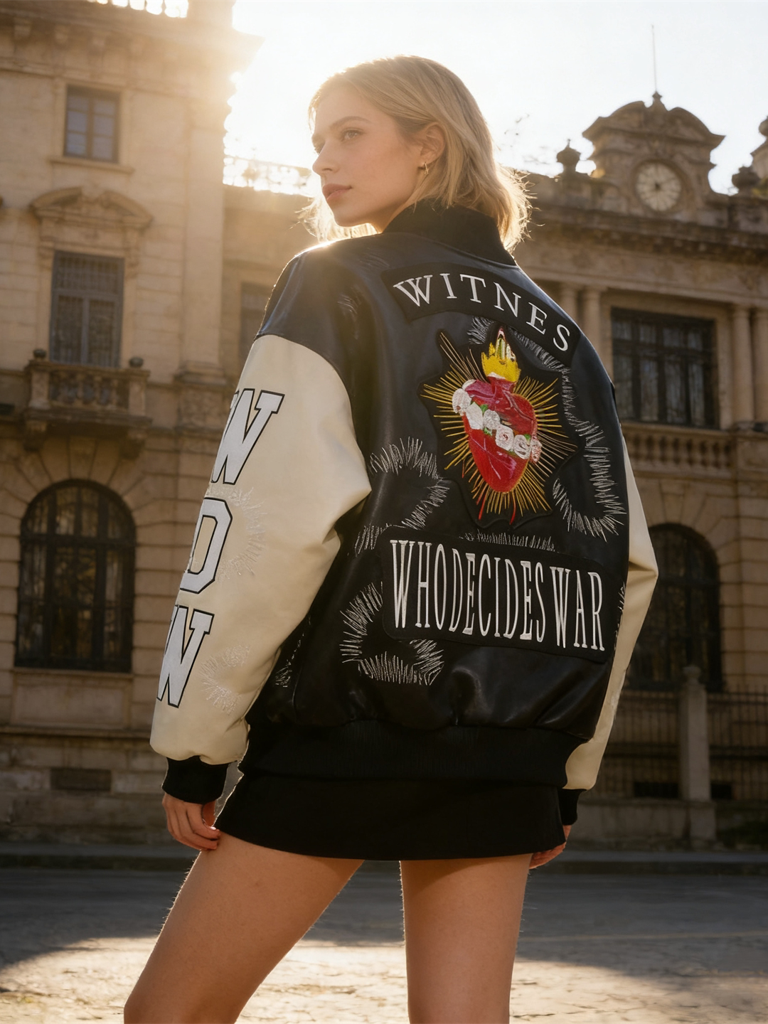 WHO DECIDES WAR Black Embroidered Varsity Jacket Unisex Oversized Streetwear Bomber Jacket
