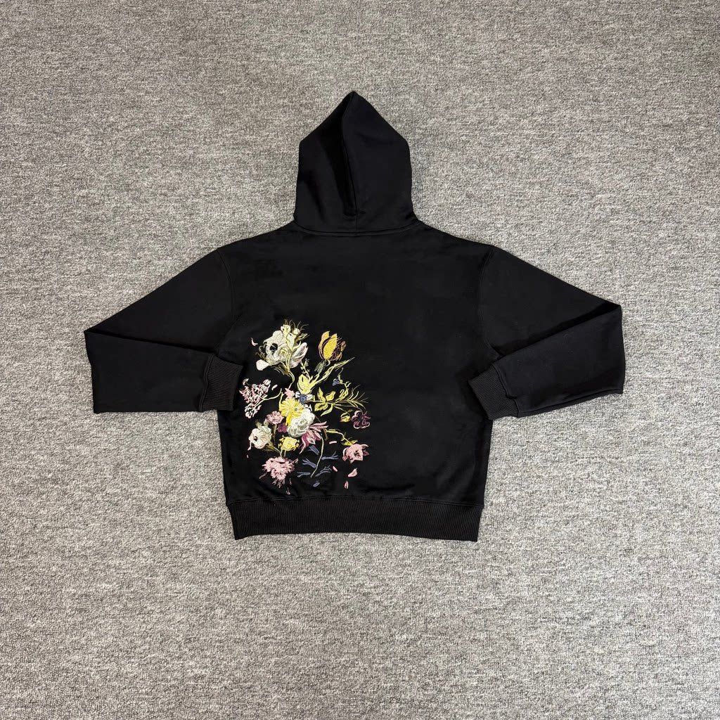 Derschutze Floral Embroidery Hooded Sweatshirt, Loose Fit Sweatpants, Fleece Lined Casual Sports Suit