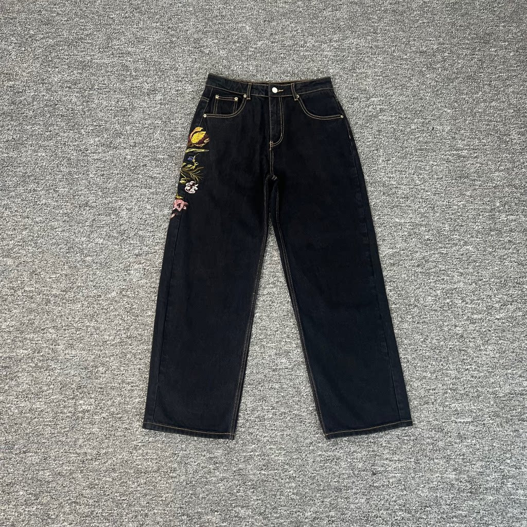 Derchutze "Garden of Eden" denim black straight-leg jeans with Eden embroidery