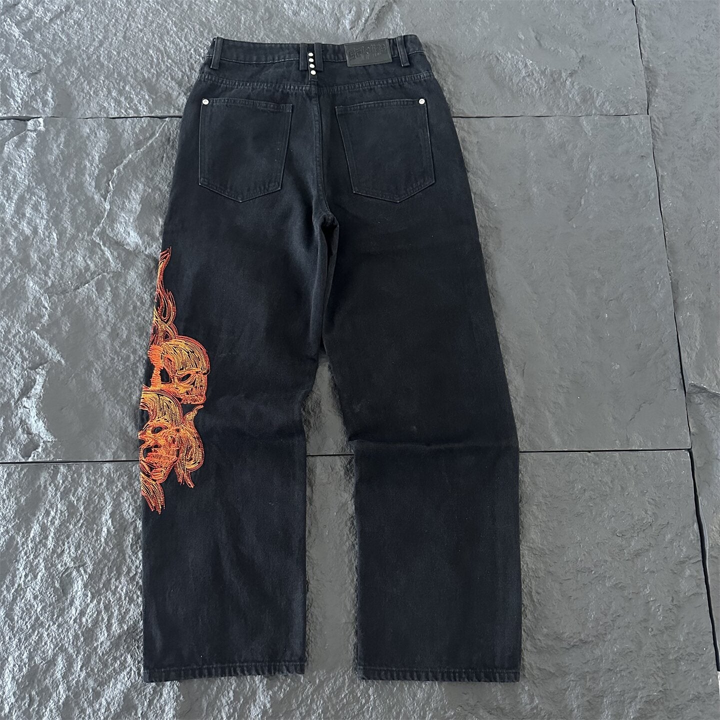 derschutze high-street style embroidered jeans for women, black straight-leg wide-leg pants, trendy and versatile fashion brand trousers.