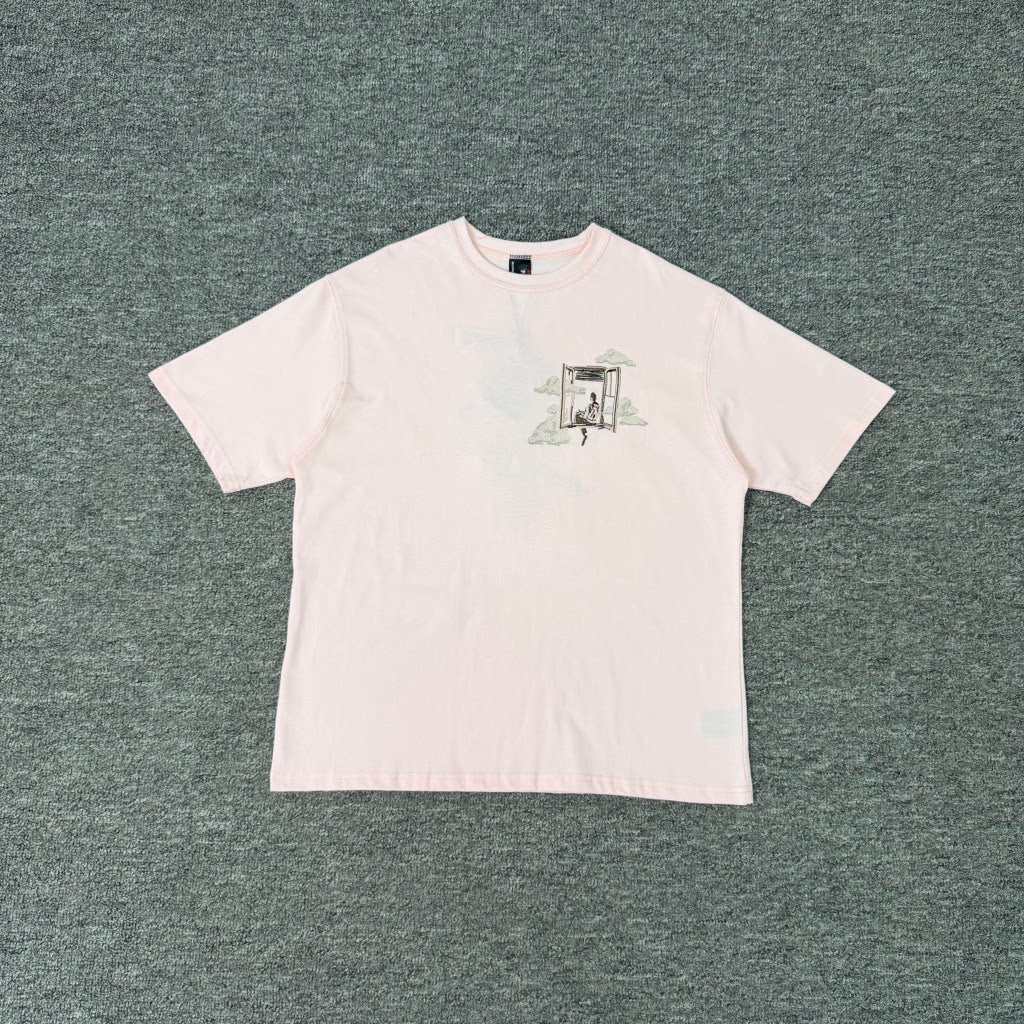 Derschutze Vintage Architectural Embroidery Short-Sleeve Unisex Loose-Fit Pure Cotton Crew Neck Pink T-Shirt Top