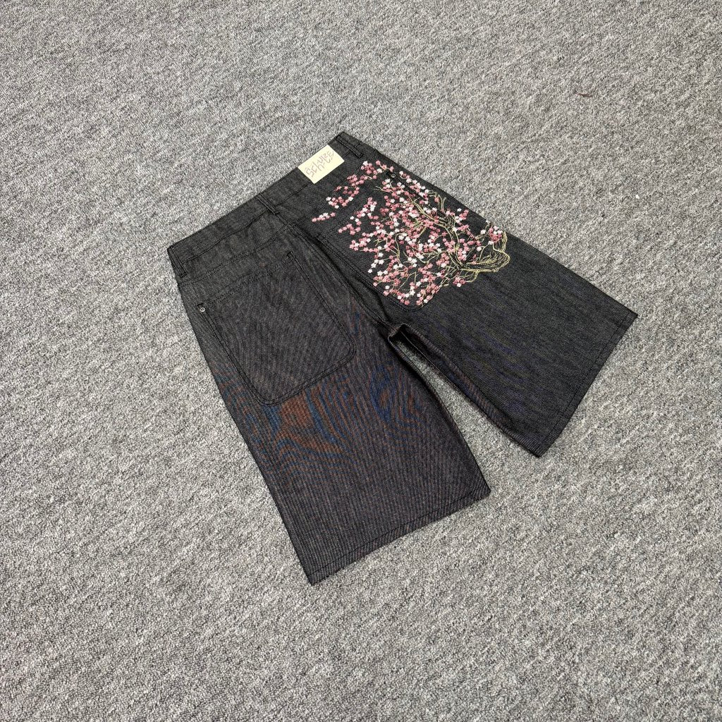 derschutze blossom V2 jorts floral embroidered jeans, unisex loose straight leg five-point pants