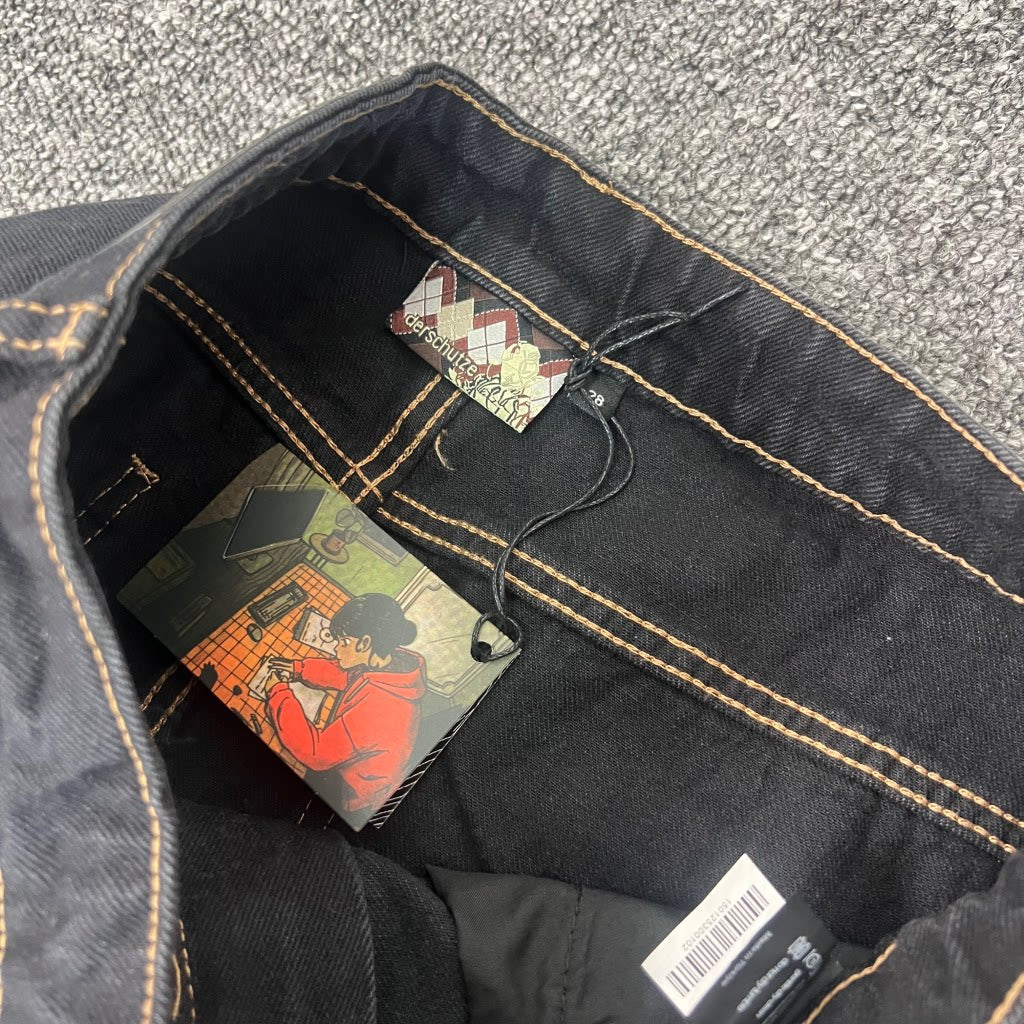 Derchutze "Garden of Eden" denim black straight-leg jeans with Eden embroidery