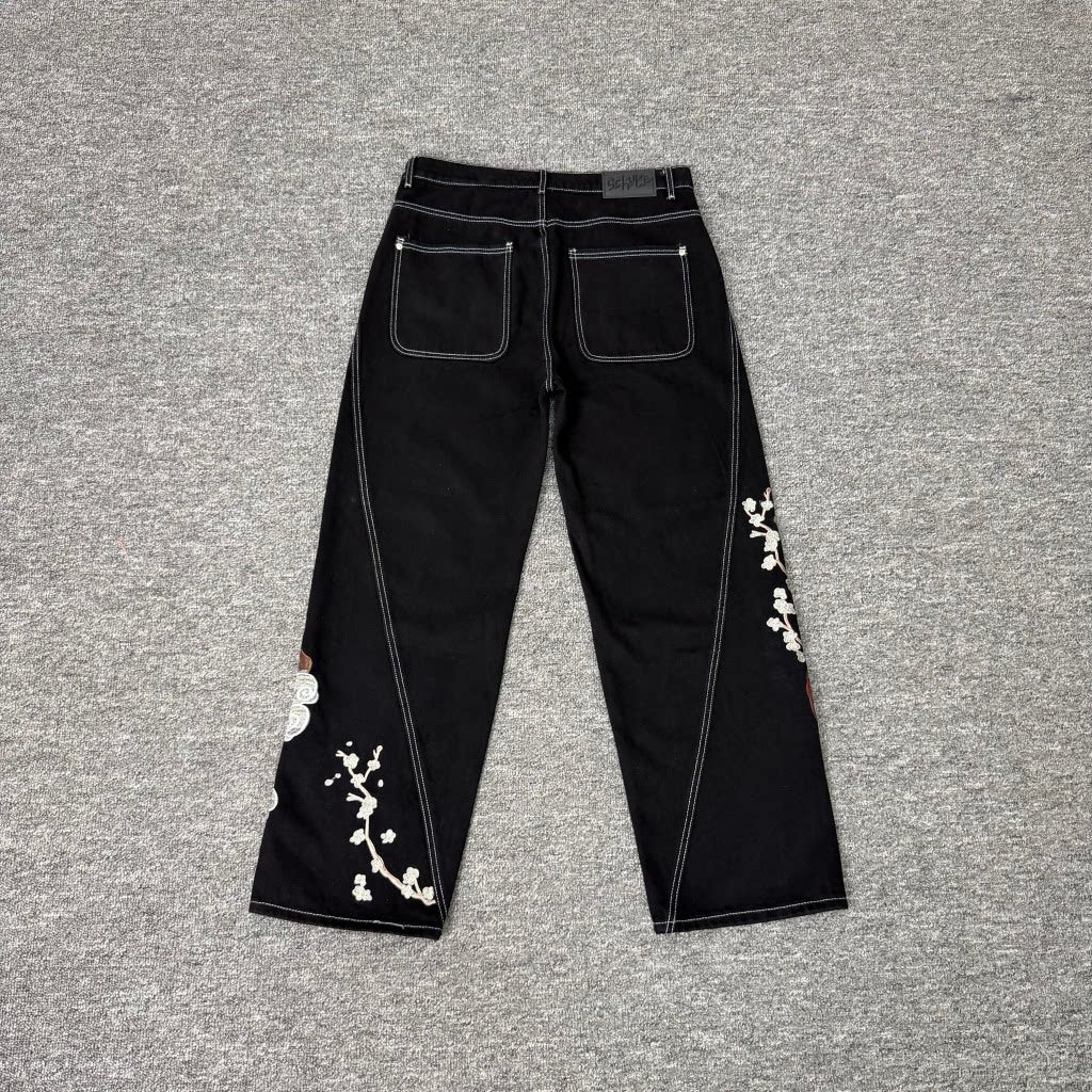 Derschutze Chinese Style Dragon and Tiger Embroidered Jeans, Unisex Wide-Leg Black Casual Trousers