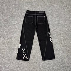 Derschutze Chinese Style Dragon and Tiger Embroidered Jeans, Unisex Wide-Leg Black Casual Trousers