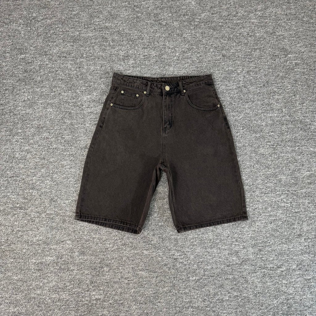 derschutze American heavy-duty embroidered denim shorts, unisex high street style, loose straight leg, five-point pants