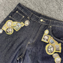 derschutze heavy-duty embroidered loose straight-leg jeans for men, retro hip-hop trendy casual trousers, long pants