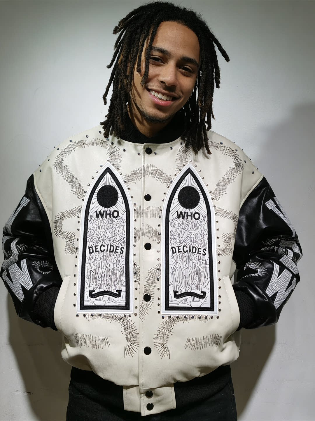 WHO DECIDES WAR Embroidered Varsity Jacket Cream White Unisex Oversized Streetwear Bomber