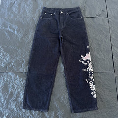 derschutze American retro heavy embroidery washed distressed jeans, unisex loose wide-leg trendy trousers