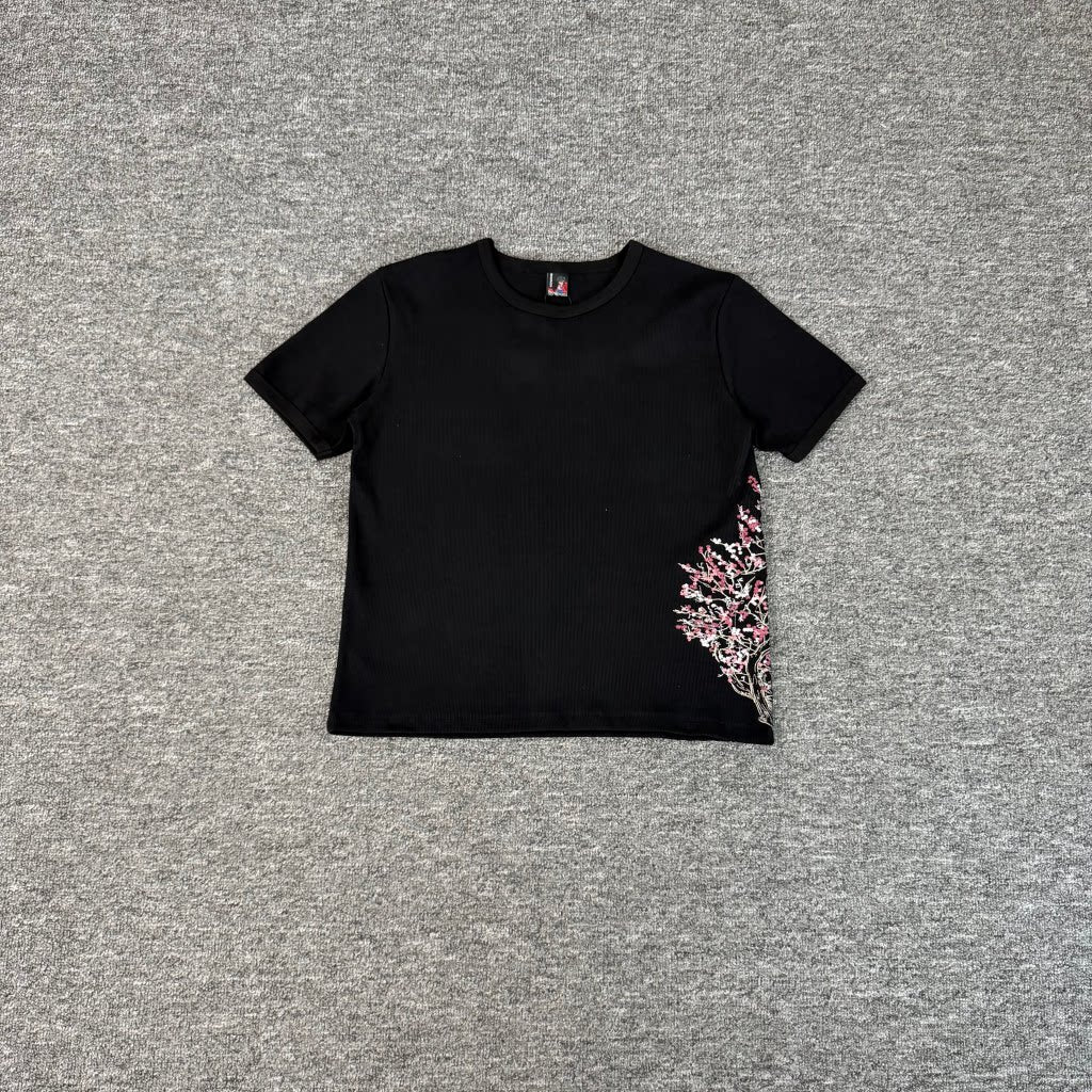 derschutze Cherry Blossom Embroidered Short-Sleeve T-Shirt, Unisex Couple Style, Pure Cotton Crew Neck Trendy Top