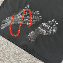 Derschutze American Street Style Heavy Embroidery Short-Sleeve T-Shirt, Unisex Loose Fit Hip Hop Pure Cotton Trendy Top