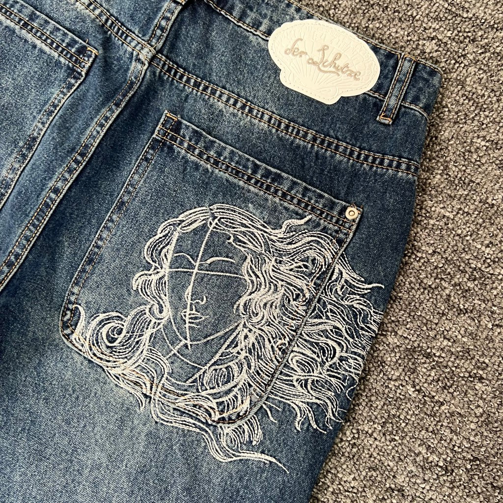 derschutze venus denim bule Venus embroidered jeans loose straight leg casual trousers