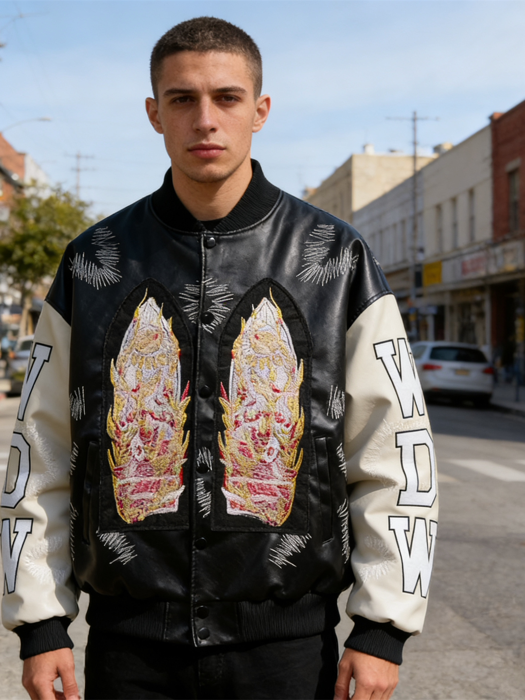 WHO DECIDES WAR Black Embroidered Varsity Jacket Unisex Oversized Streetwear Bomber Jacket
