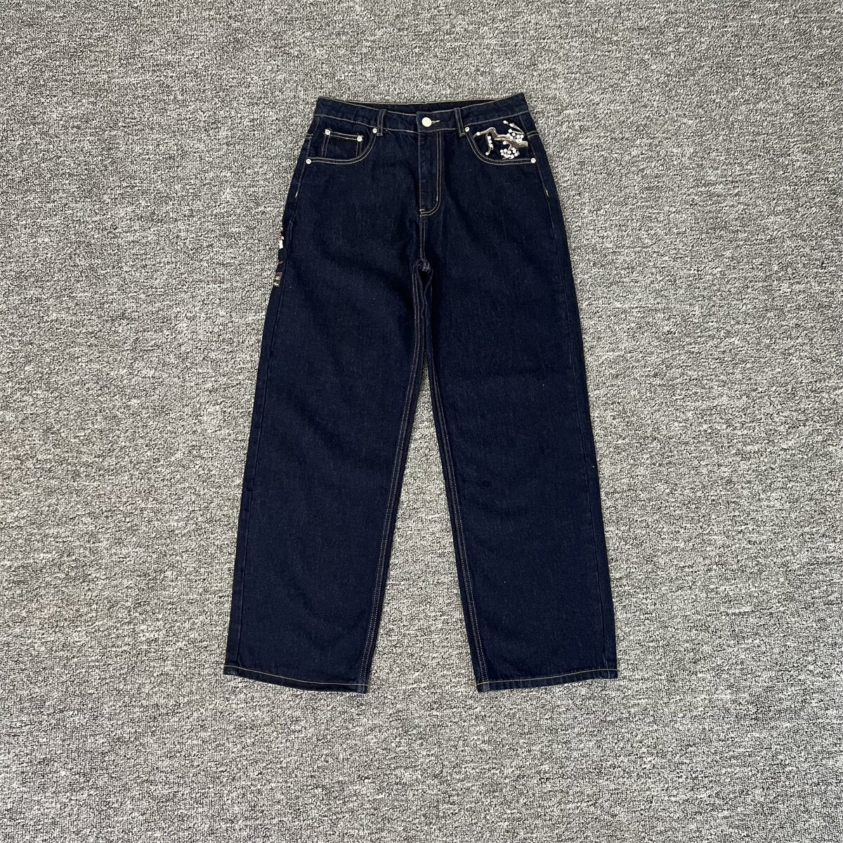 derschutze blossom v2 raw denim loose straight leg casual jeans with cherry blossom embroidery - trendy