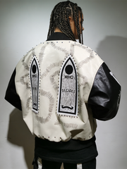 WHO DECIDES WAR Embroidered Varsity Jacket Cream White Unisex Oversized Streetwear Bomber