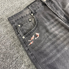 derschutze kOI FISH BLACK WASHED DENIM Koi Embroidered Washed Jeans