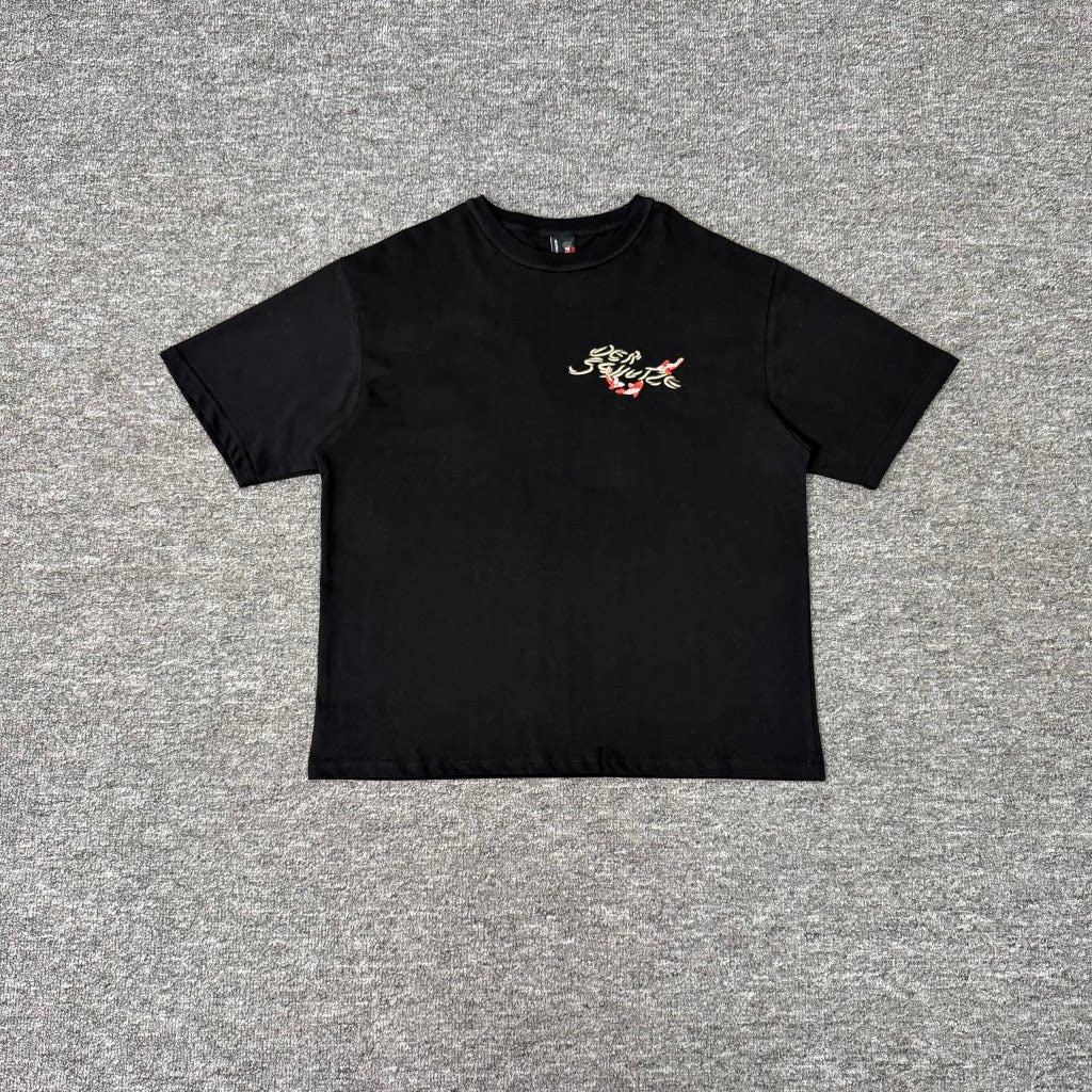 Derschutze trendy cartoon embroidered T-shirts for men and women, round neck, casual loose short-sleeved tops.