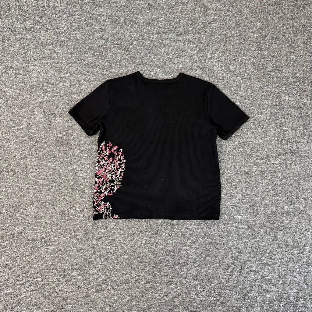 derschutze Cherry Blossom Embroidered Short-Sleeve T-Shirt, Unisex Couple Style, Pure Cotton Crew Neck Trendy Top