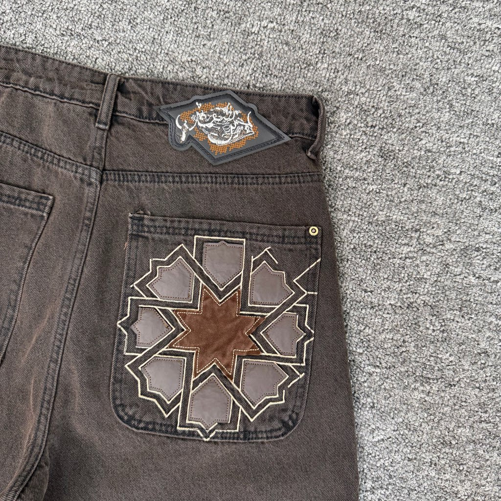derschutze American heavy-duty embroidered denim shorts, unisex high street style, loose straight leg, five-point pants
