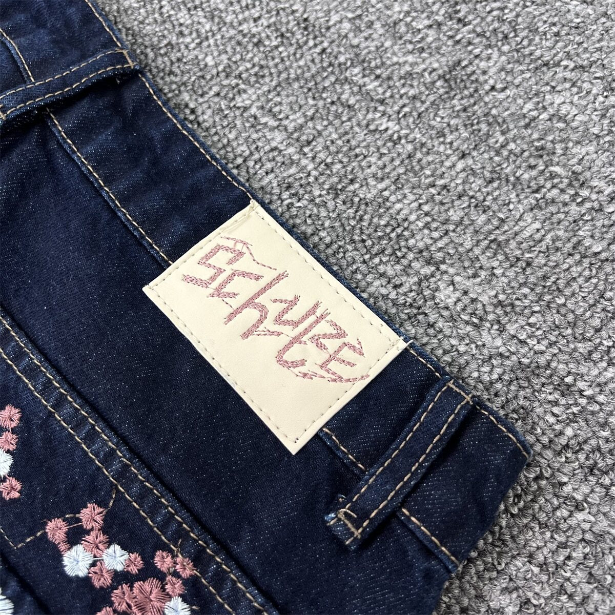 derschutze blossom v2 raw denim loose straight leg casual jeans with cherry blossom embroidery - trendy