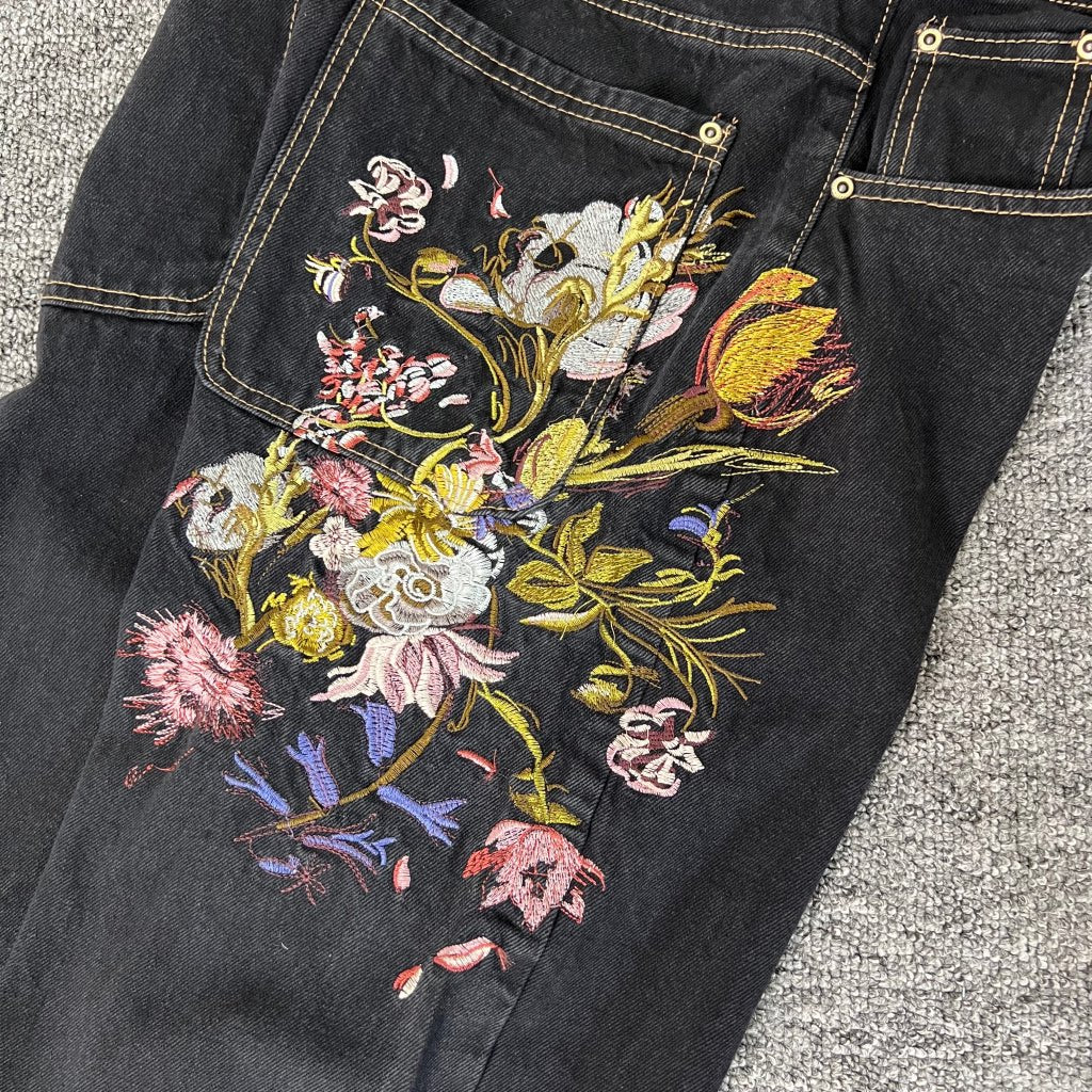 Derchutze "Garden of Eden" denim black straight-leg jeans with Eden embroidery