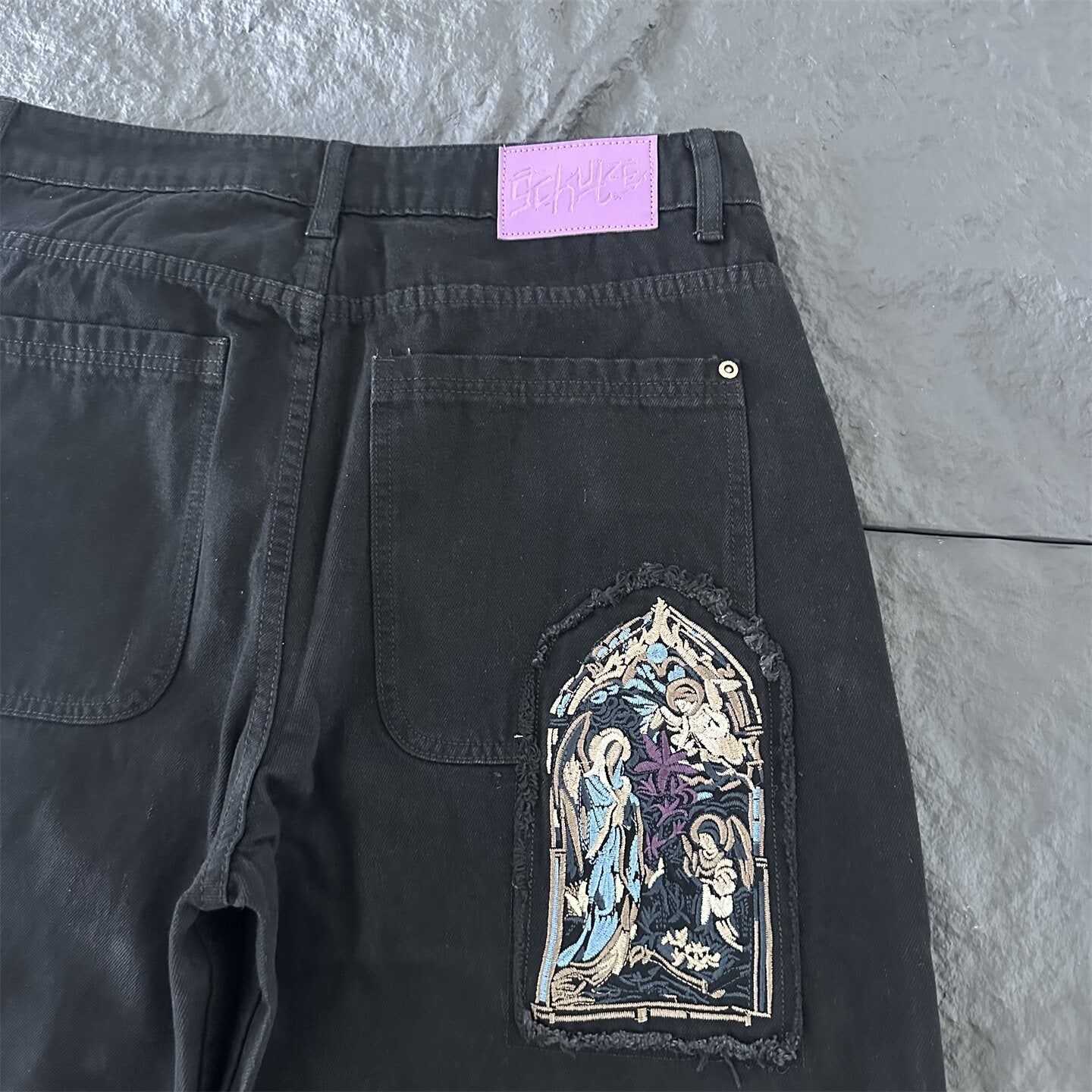 derschutze American street style embroidered jeans, unisex trendy loose straight leg casual versatile trousers