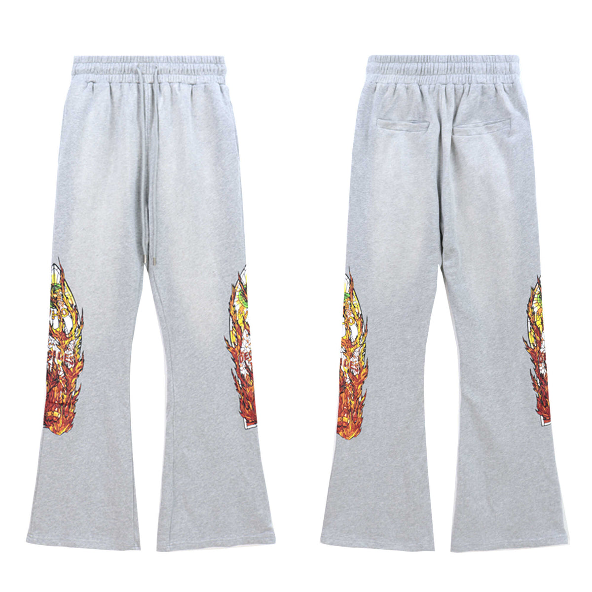 WHO DECIDES WAR Graphic Flare Pants Grey Unisex Wide Leg Streetwear Sweatpants