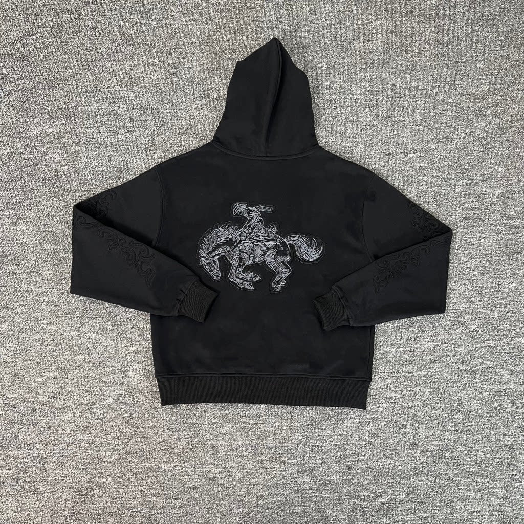 Derschutze western zip-up fleece jacket with appliqué embroidered horse cardigan hoodie