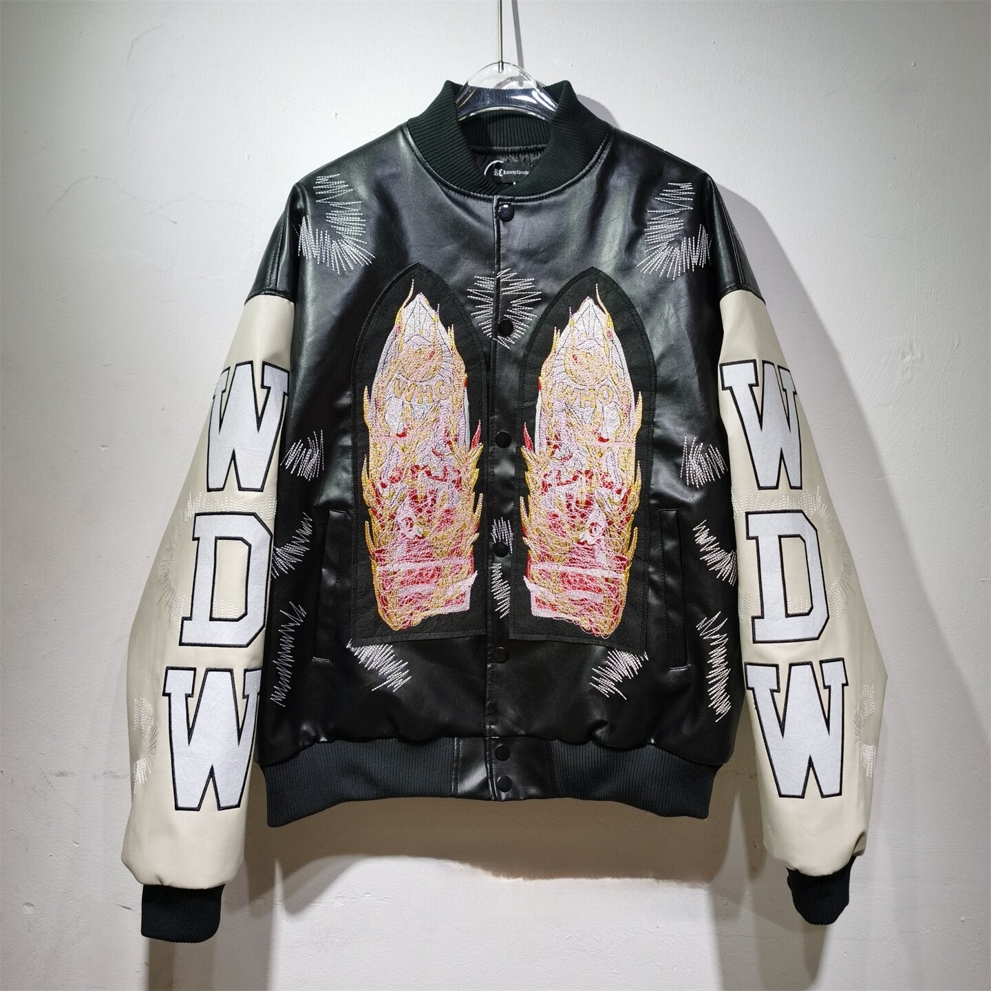 WHO DECIDES WAR Black Embroidered Varsity Jacket Unisex Oversized Streetwear Bomber Jacket
