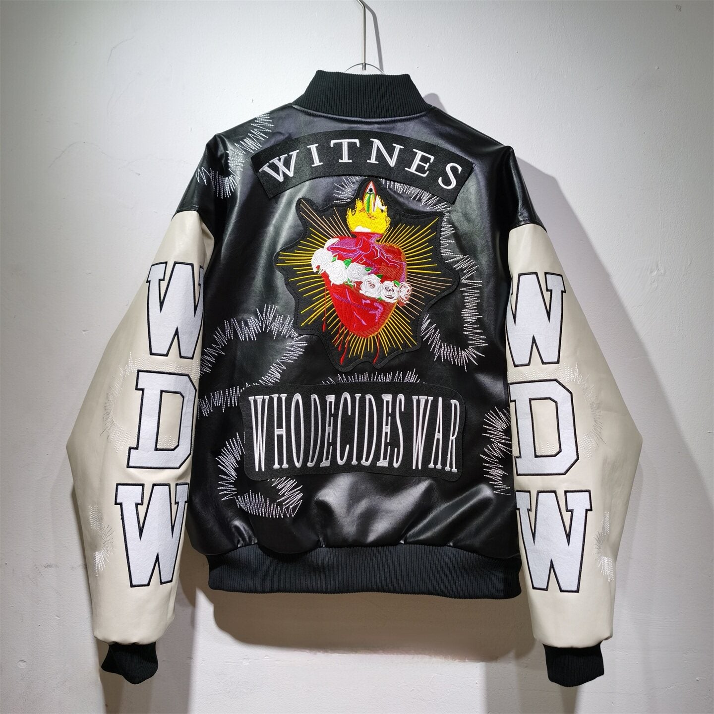 WHO DECIDES WAR Black Embroidered Varsity Jacket Unisex Oversized Streetwear Bomber Jacket