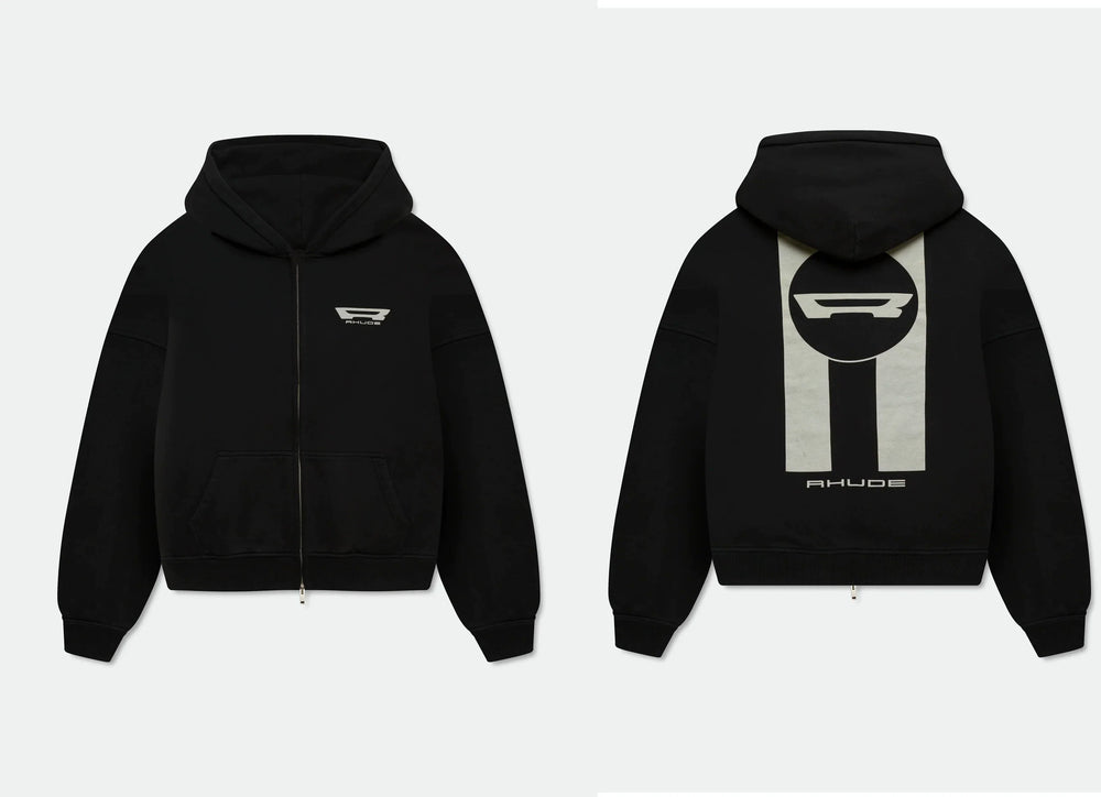 RHUDE Racing R Logo Full‑Zip Hoodie Black