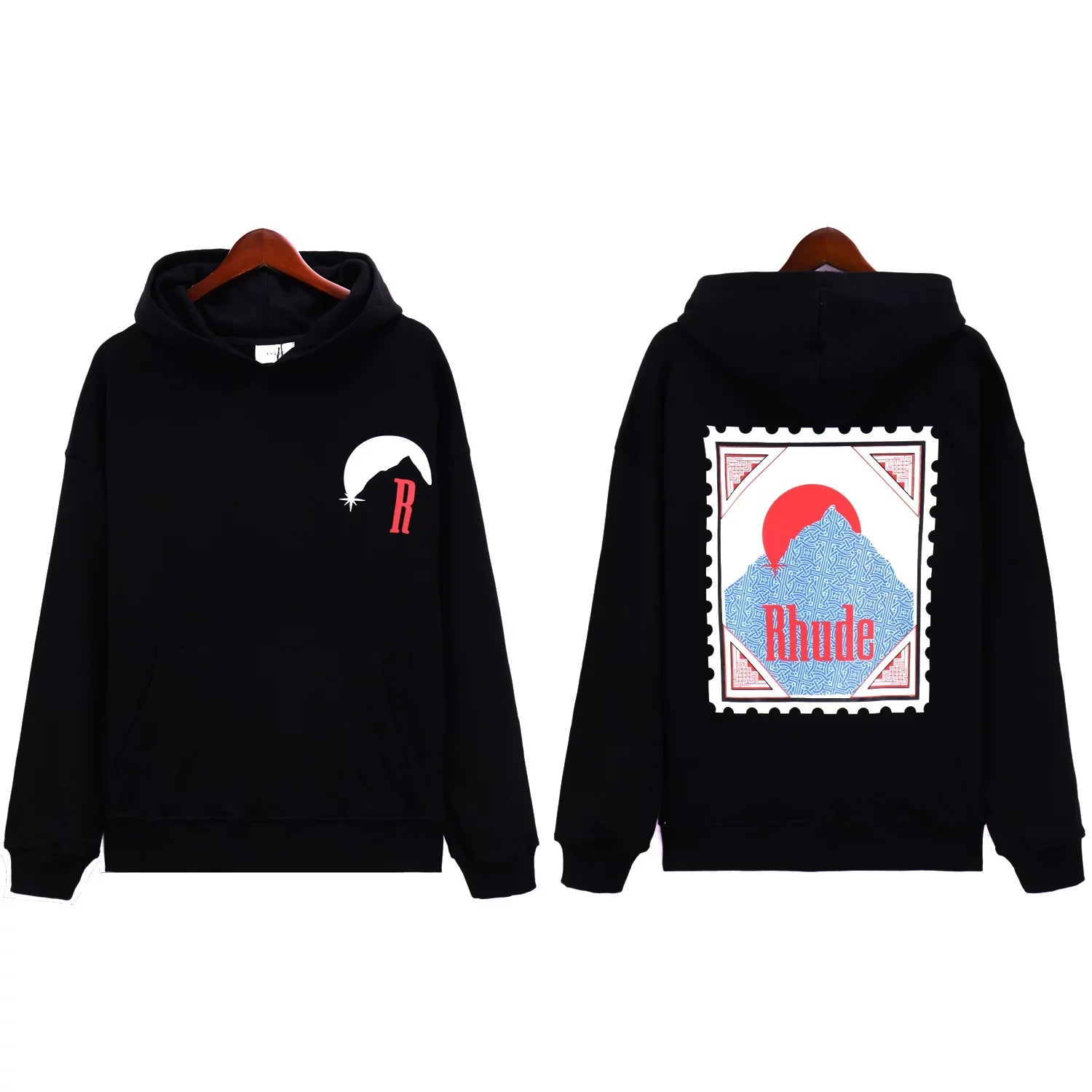 RHUDE Moon Chest Stamp Back Graphic Hoodie Black