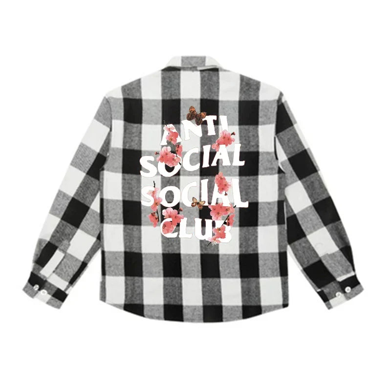 Anti Social Social Club Cherry Blossom Black White Plaid Flannel Shirt