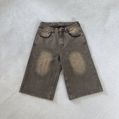 derschutze American retro heavy embroidered jeans for men and women, summer loose straight leg five-point pants