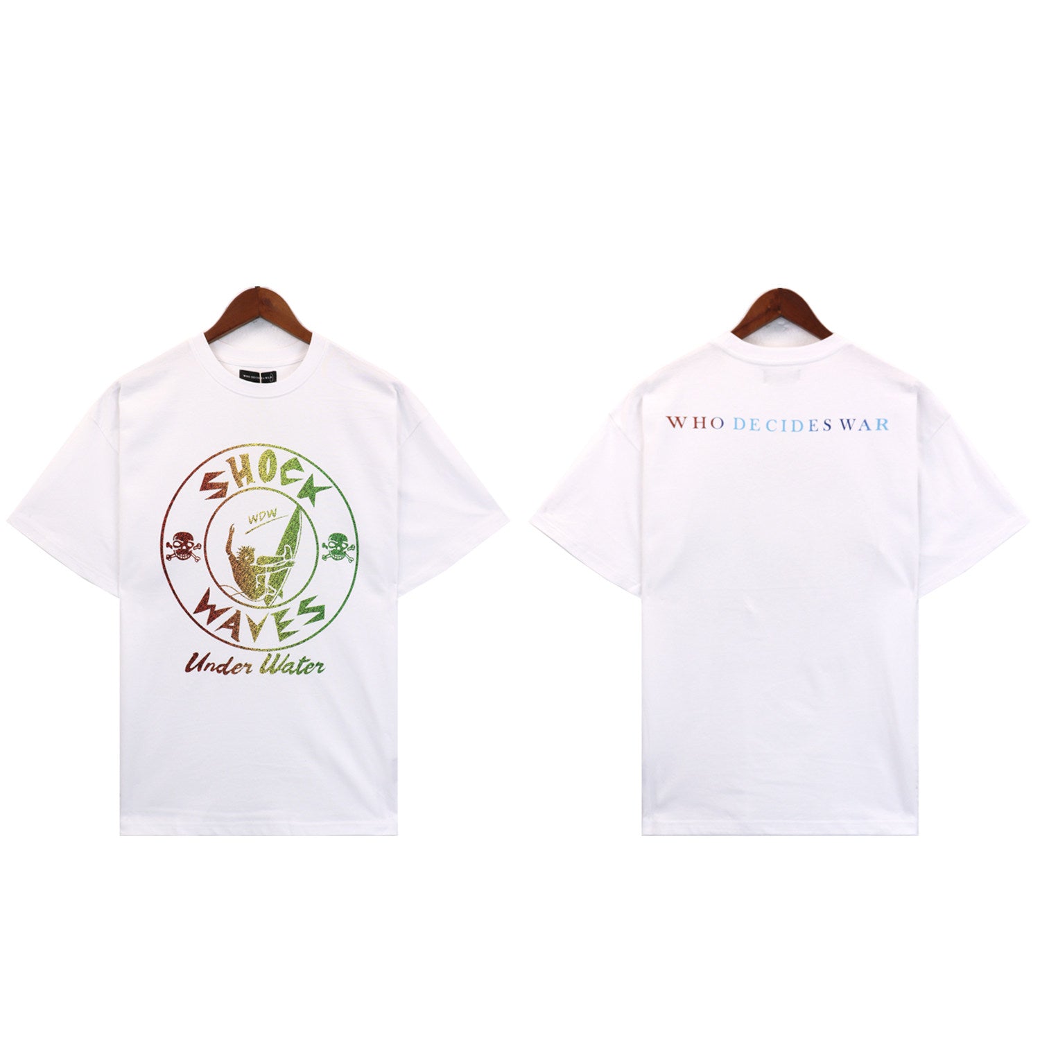 Who Decides War gradient print T-shirt, niche trendy brand, loose casual unisex crew neck short sleeve, summer.