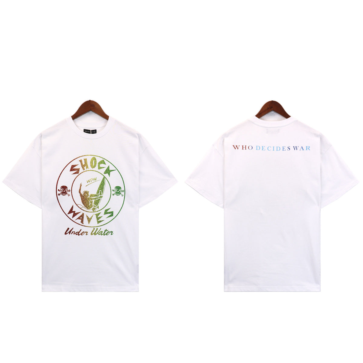 Who Decides War gradient print T-shirt, niche trendy brand, loose casual unisex crew neck short sleeve, summer.