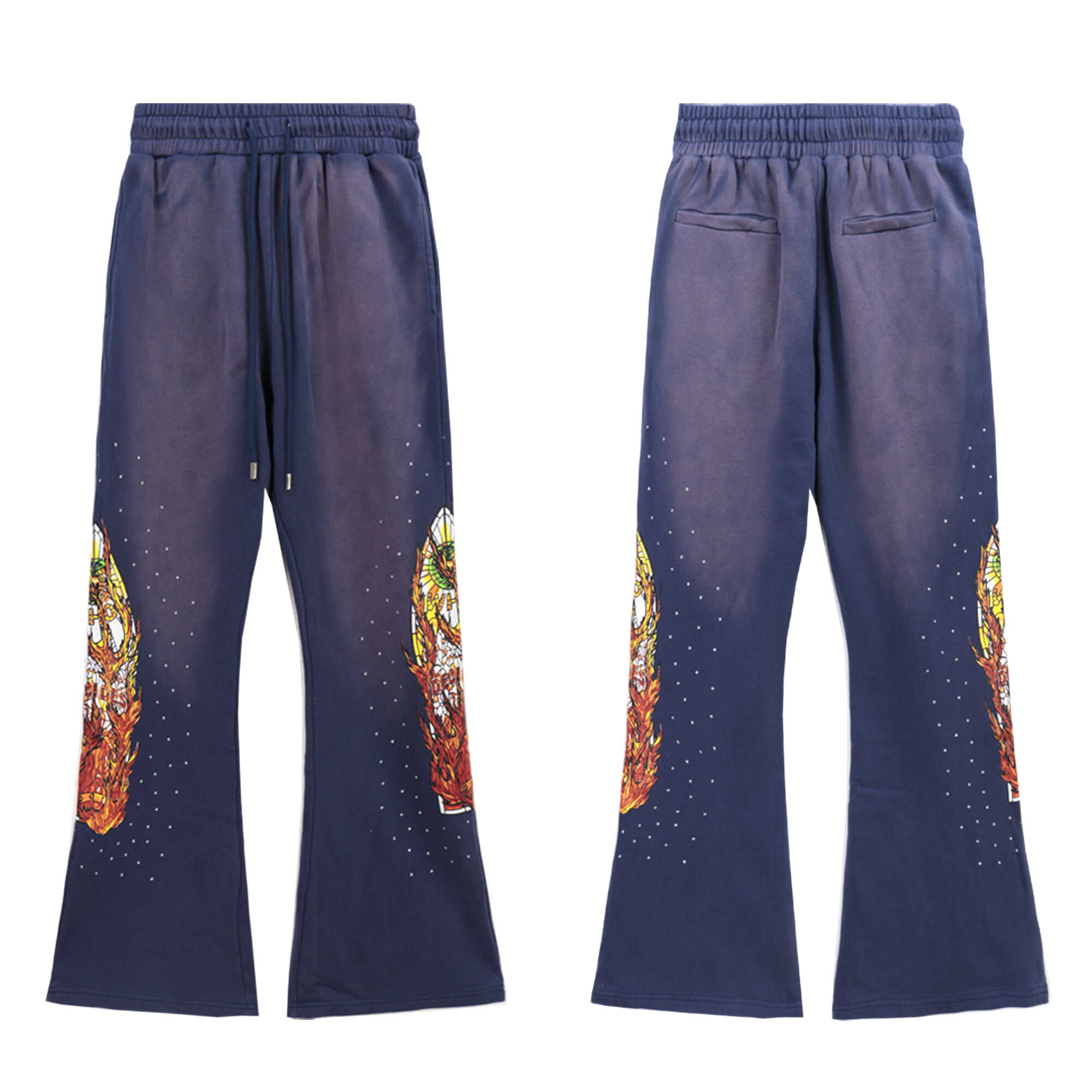 WHO DECIDES WAR Graphic Flare Pants Navy Blue Unisex Wide Leg Streetwear Sweatpants