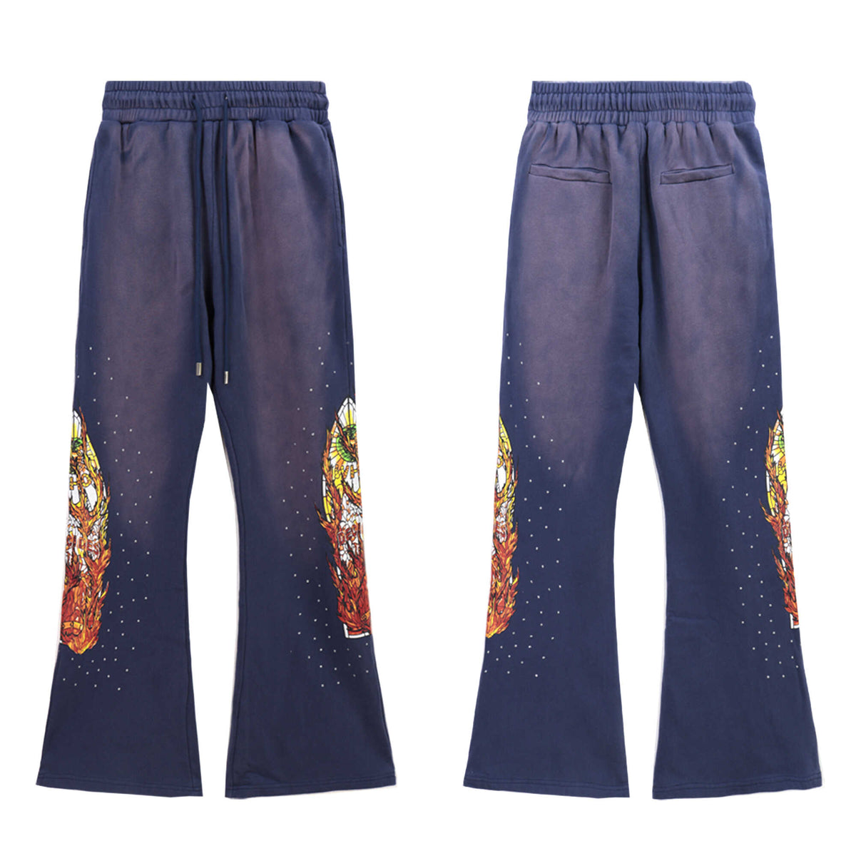 WHO DECIDES WAR Graphic Flare Pants Navy Blue Unisex Wide Leg Streetwear Sweatpants