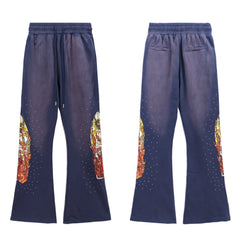 WHO DECIDES WAR Graphic Flare Pants Navy Blue Unisex Wide Leg Streetwear Sweatpants