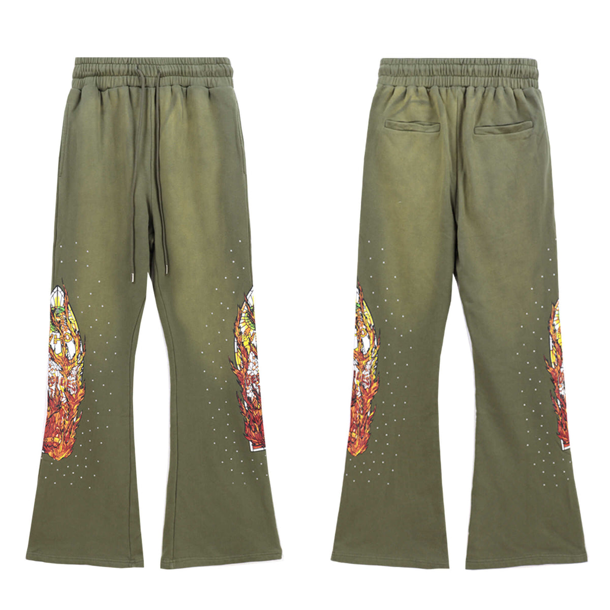 WHO DECIDES WAR Graphic Flare Pants Green Unisex Wide Leg Streetwear Sweatpants