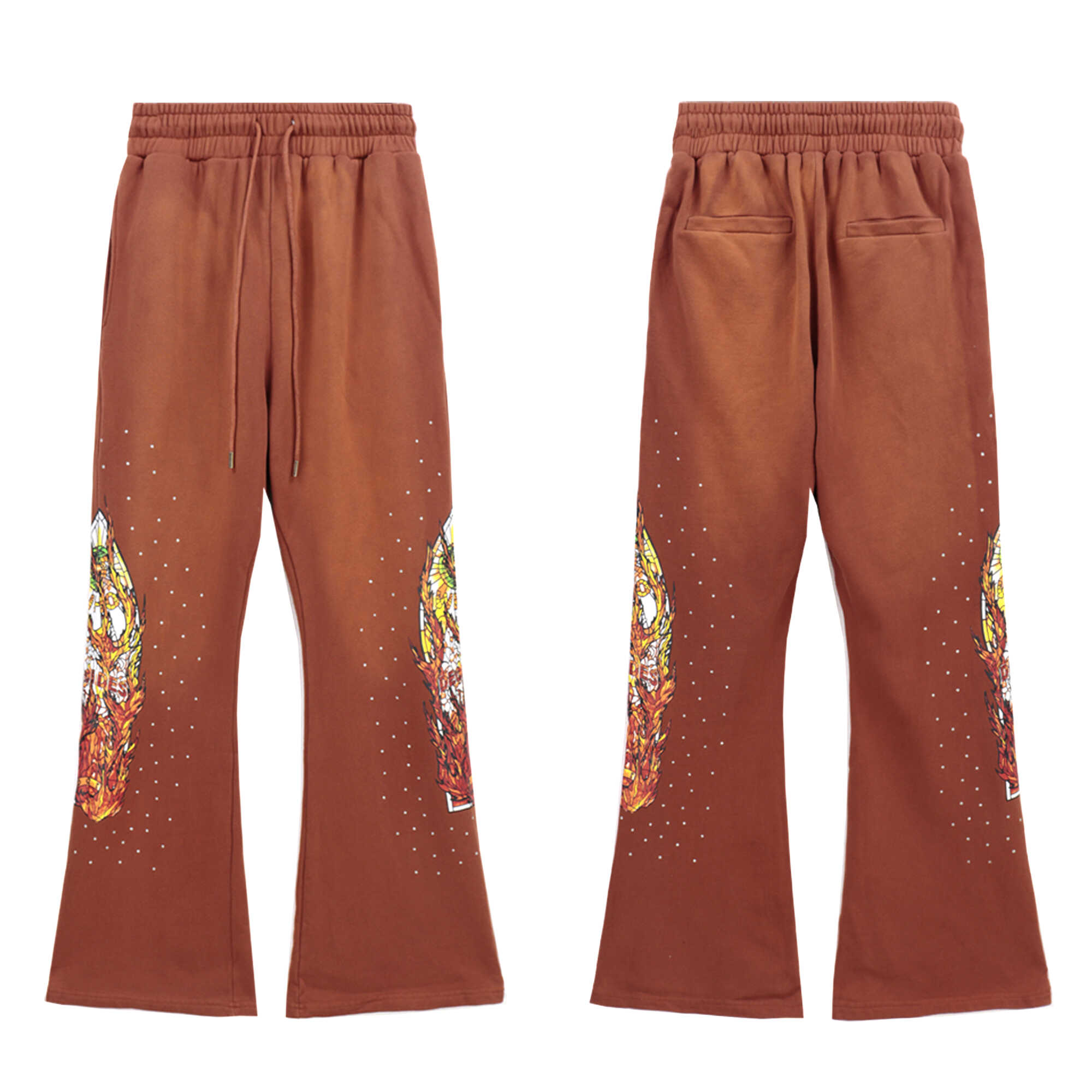 WHO DECIDES WAR Graphic Flare Pants Brown Unisex Wide Leg Streetwear Sweatpants