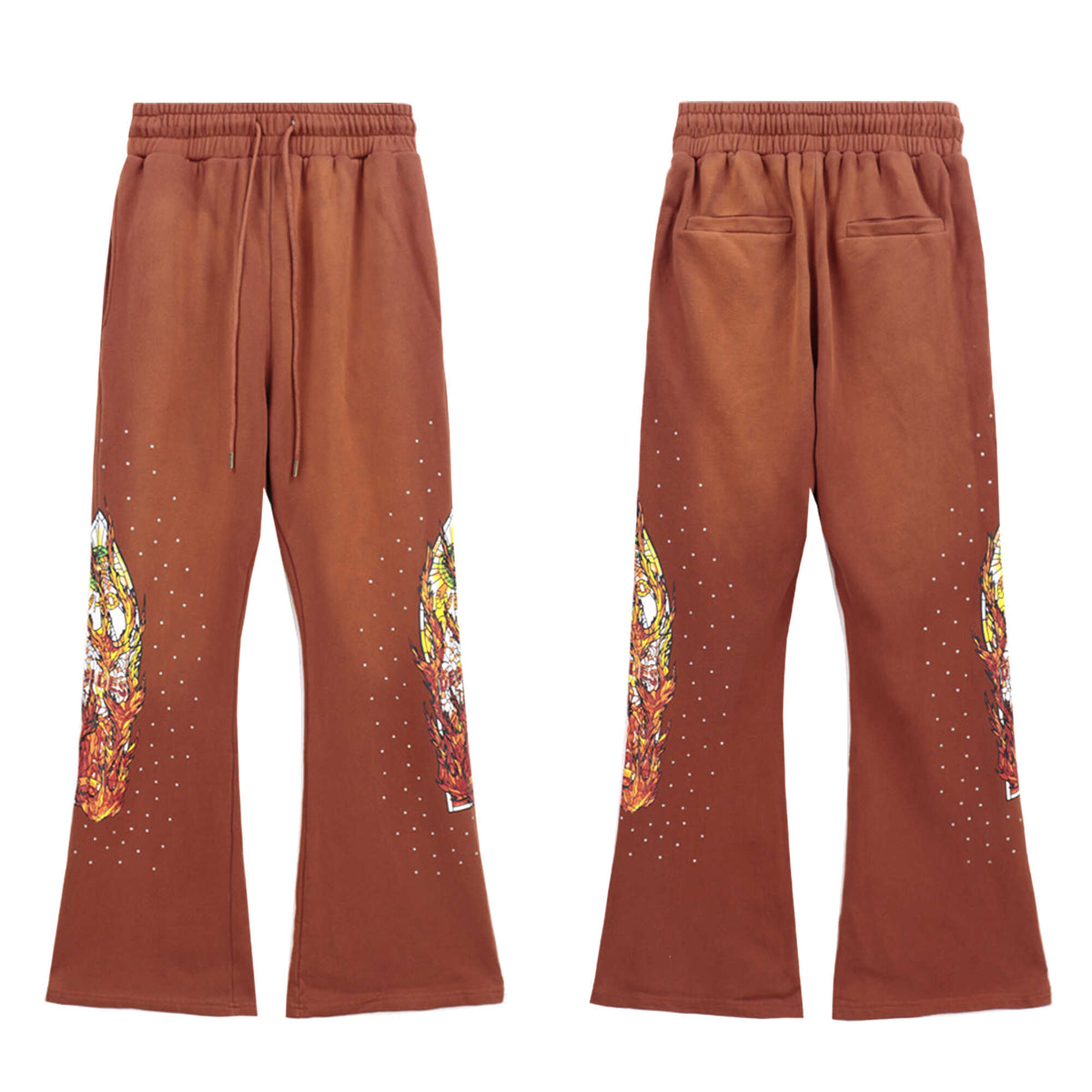 WHO DECIDES WAR Graphic Flare Pants Brown Unisex Wide Leg Streetwear Sweatpants